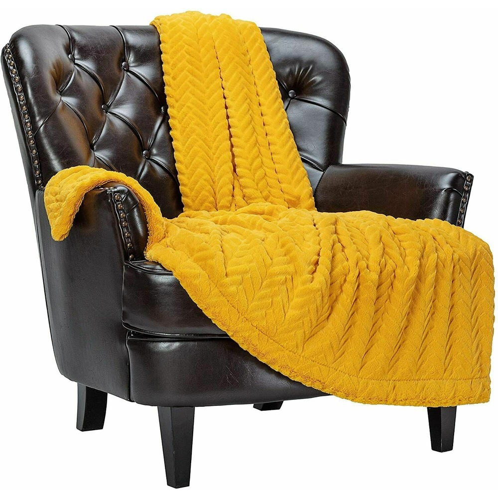 Chanasya Luxurious‎ Chevron Plush Throw Blanket Cozy Warm Yellow Golden Fuzzy